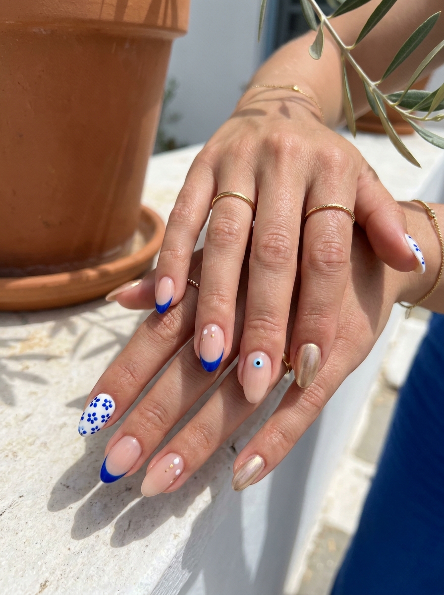 Griechenland Mix-and-Match Nails mit blauen Tips, Blumen und Goldakzent
